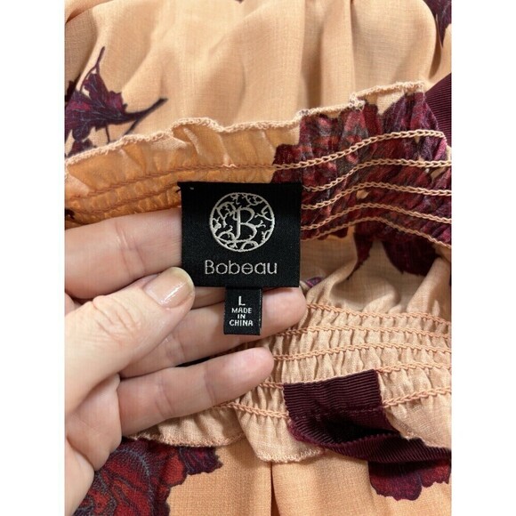 Bobeau Sundress Dress Peach Burgundy Floral Large Ribbon Straps Midi - Picture 4 of 11